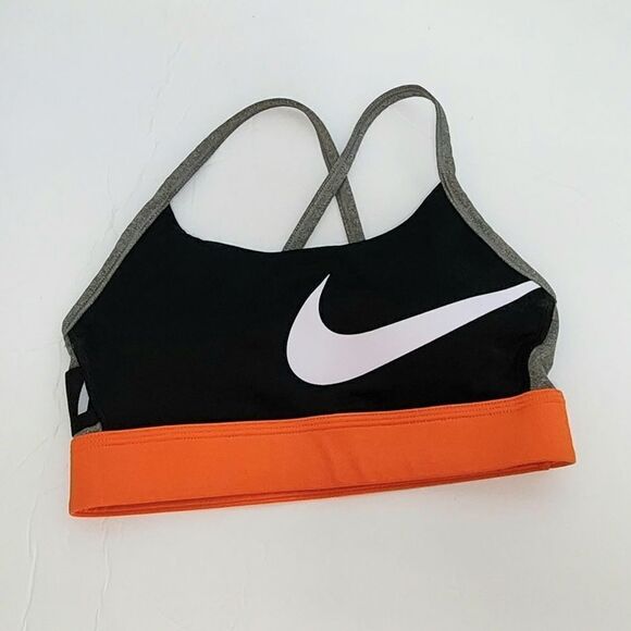 Nike women's work out bra size small spellout dri fit black and orange colorway - Picture 1 of 3